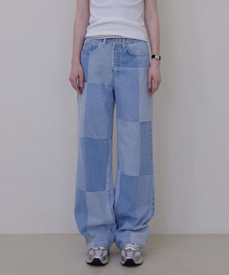 CHECK BOARD WASHED DENIM PANTS