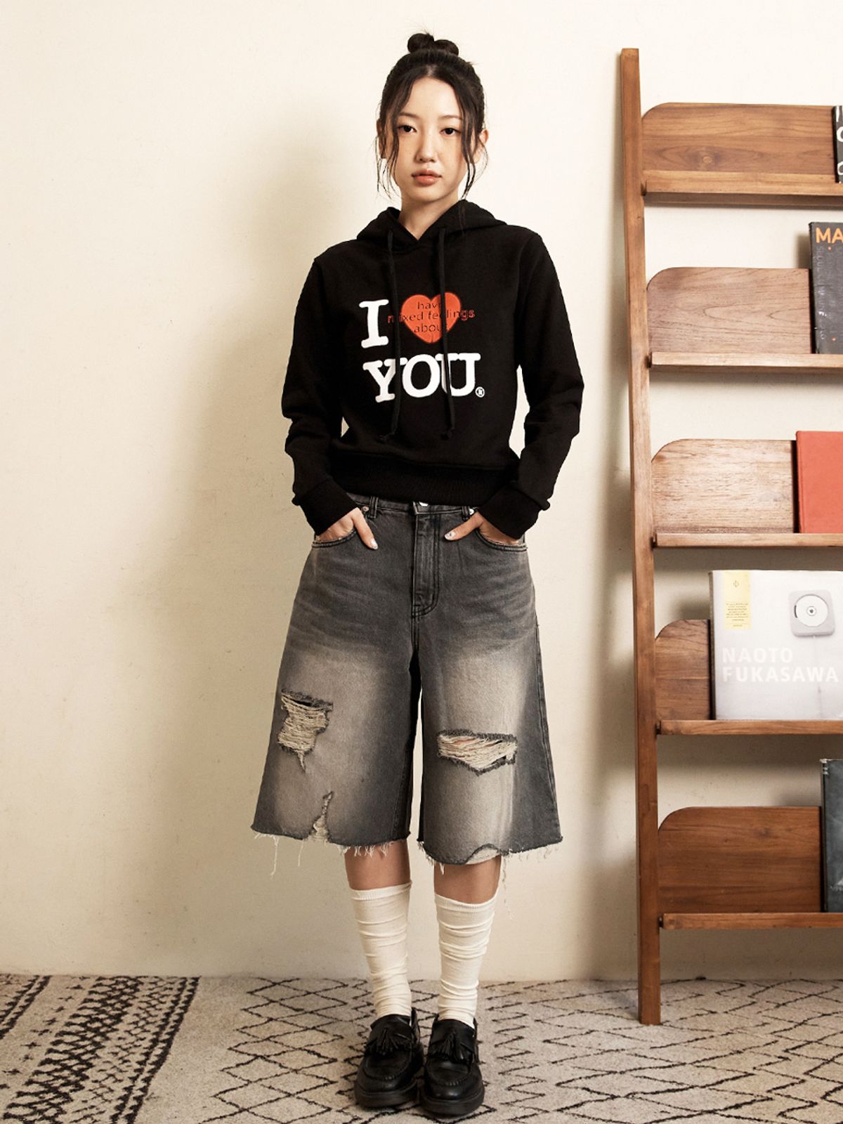 오피쉬(OAFISH) DAMAGE BERMUDA DENIM PANTS, DARK GRAY