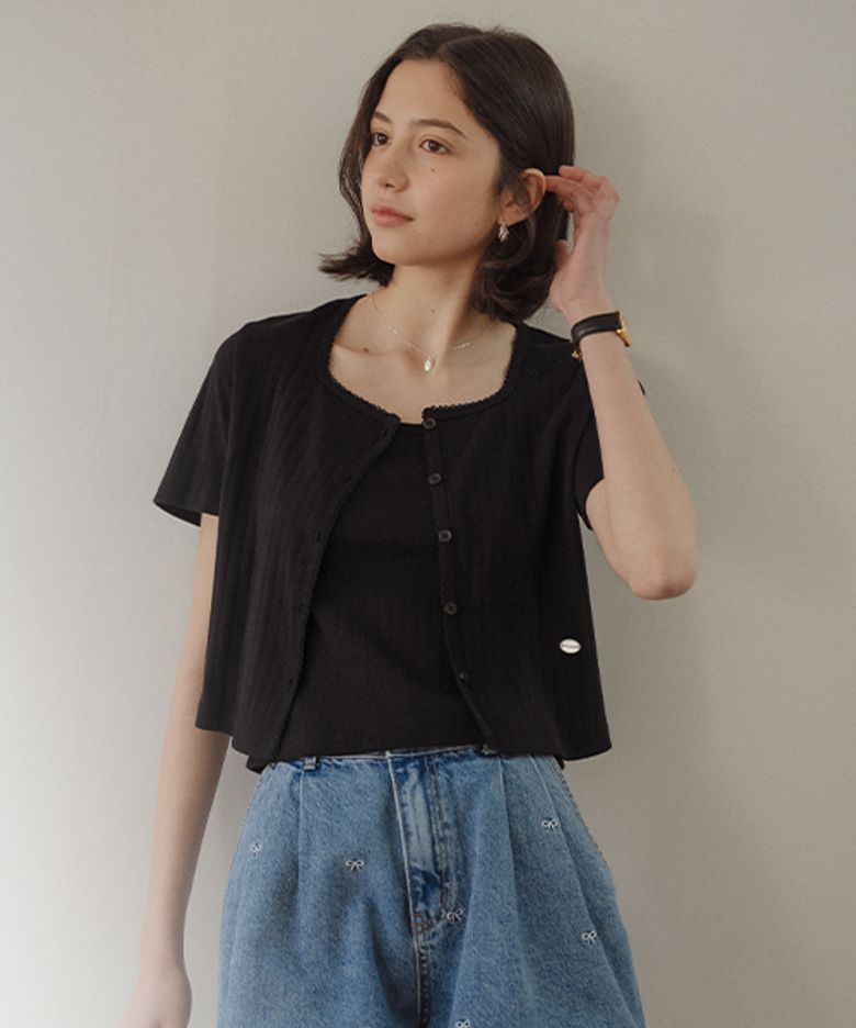 Sleeveless set half sleeve eyelet cardigan_Black