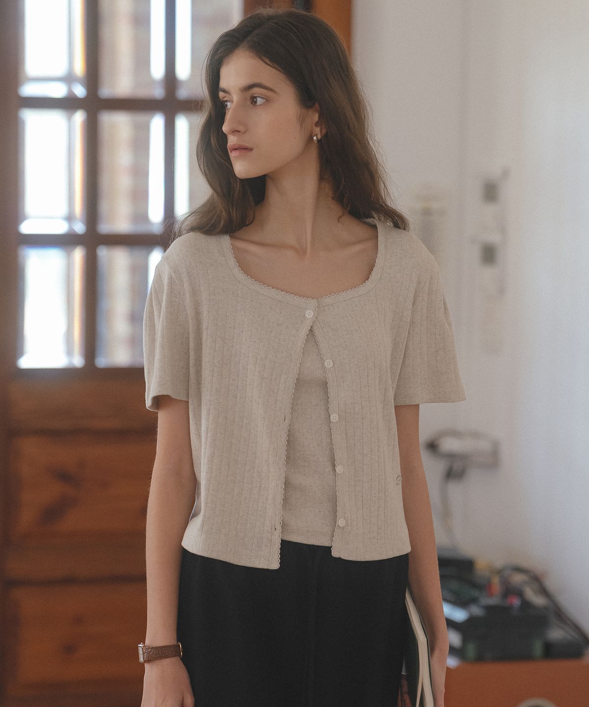 틸아이다이(TILL I DIE) Sleeveless set half sleeve eyelet cardigan_Oatmeal
