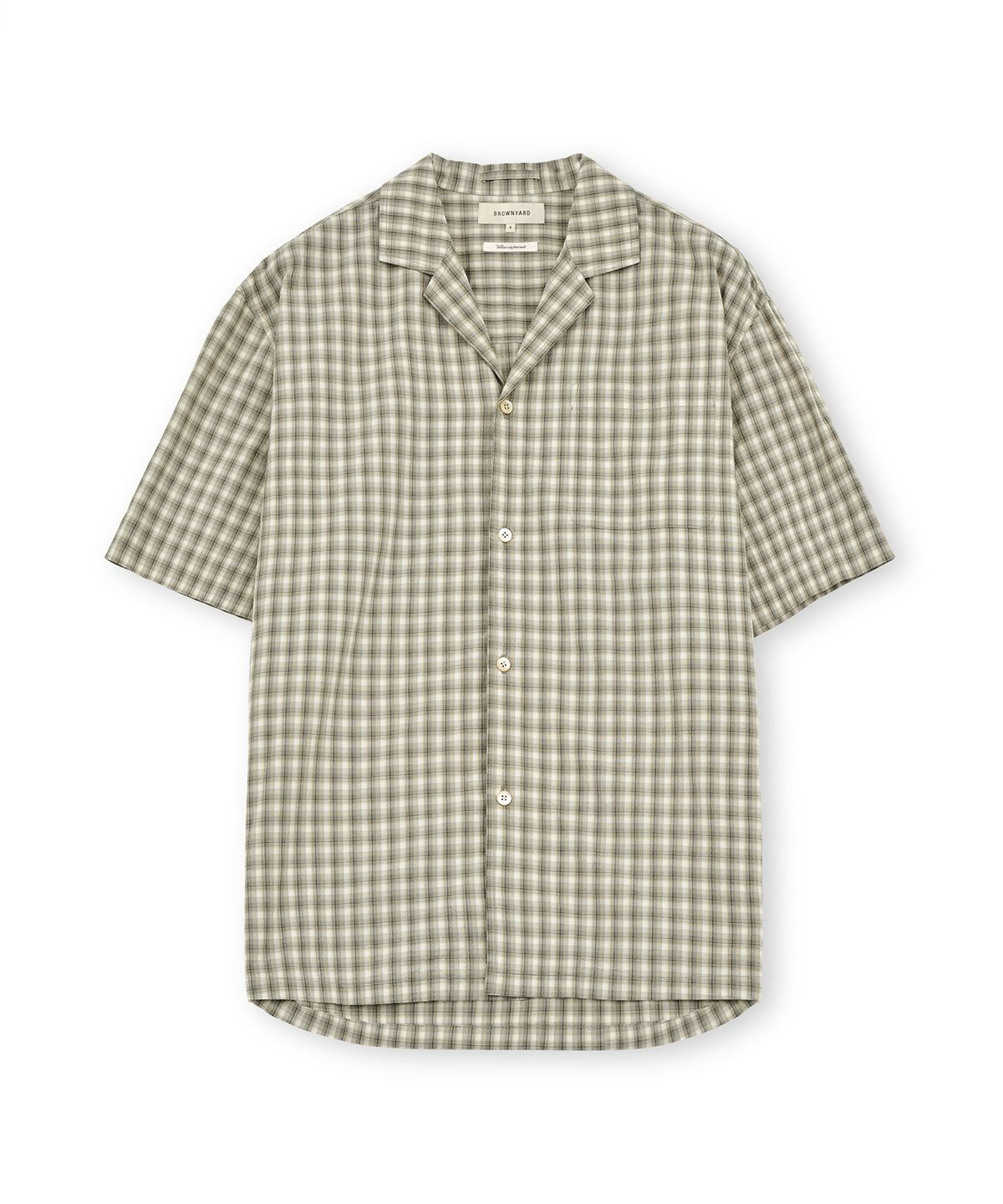 브라운야드(BROWNYARD) 오픈 카라 하프 셔츠, 베이지 체크