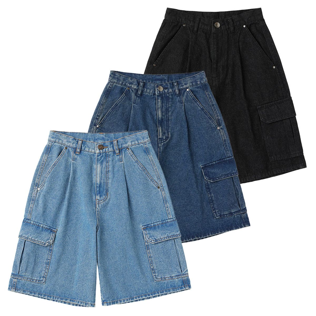어반에이지(URBANAGE) [2PACK] 버뮤다 카고 데님 숏 팬츠 (3COLOR)