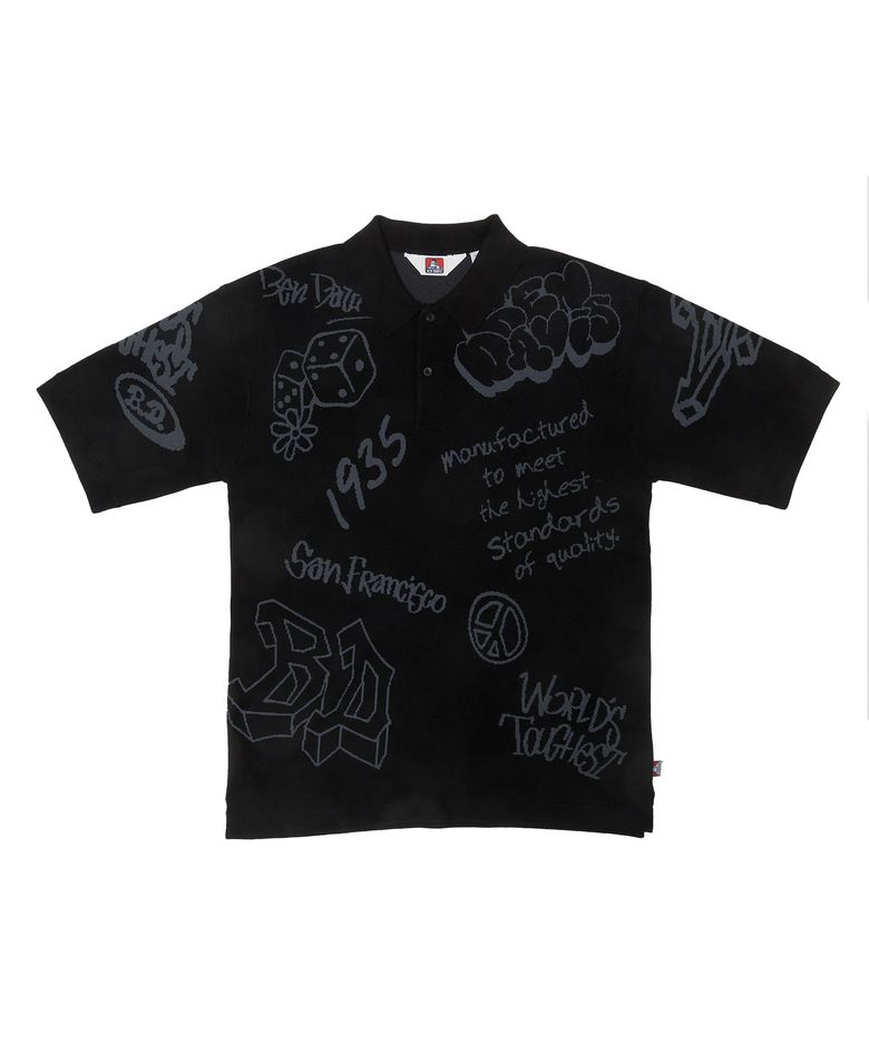 WHITE LABEL SCRIBBLE KNIT POLO BLACK