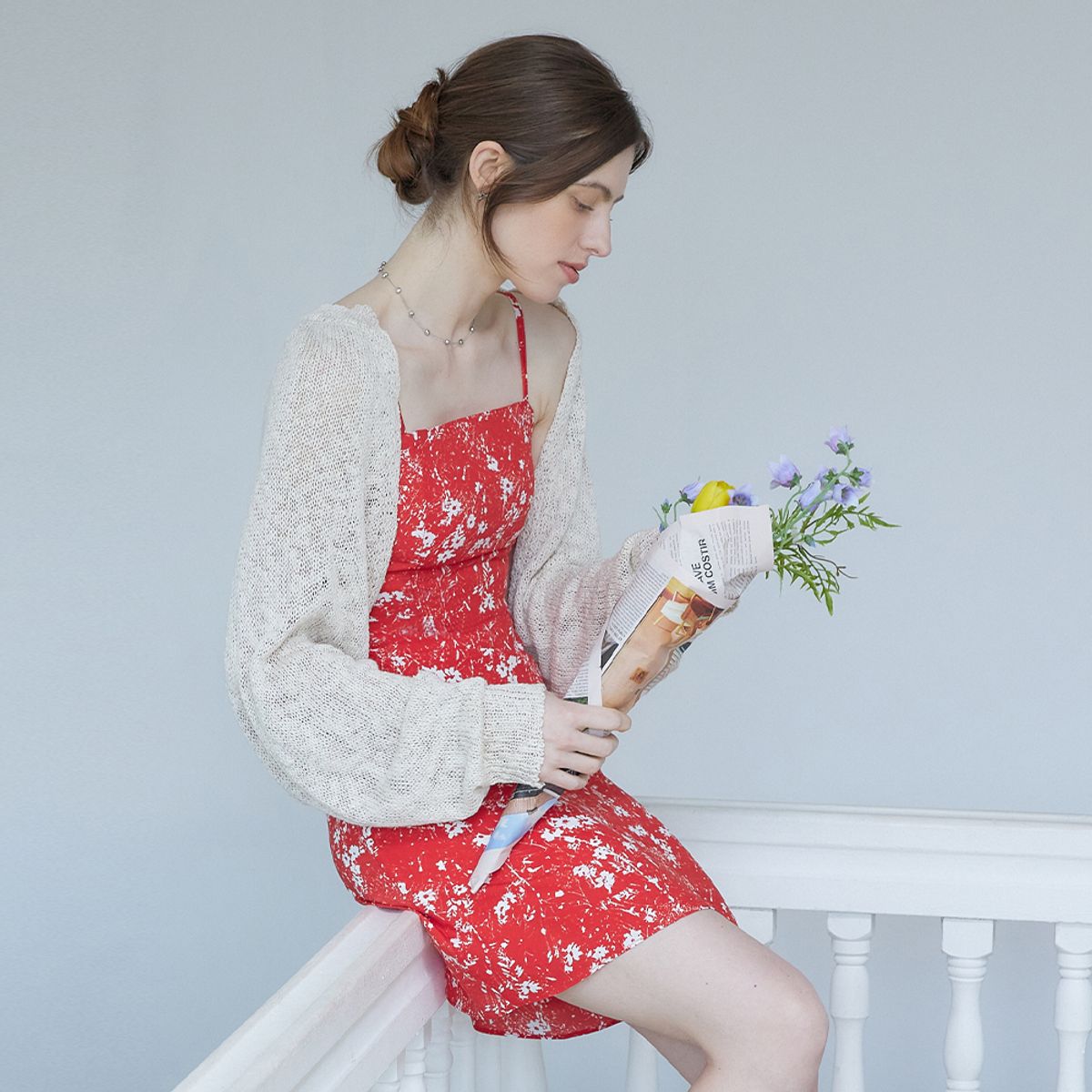 어다울(ADAUL) Smocking bustier mini dress - red
