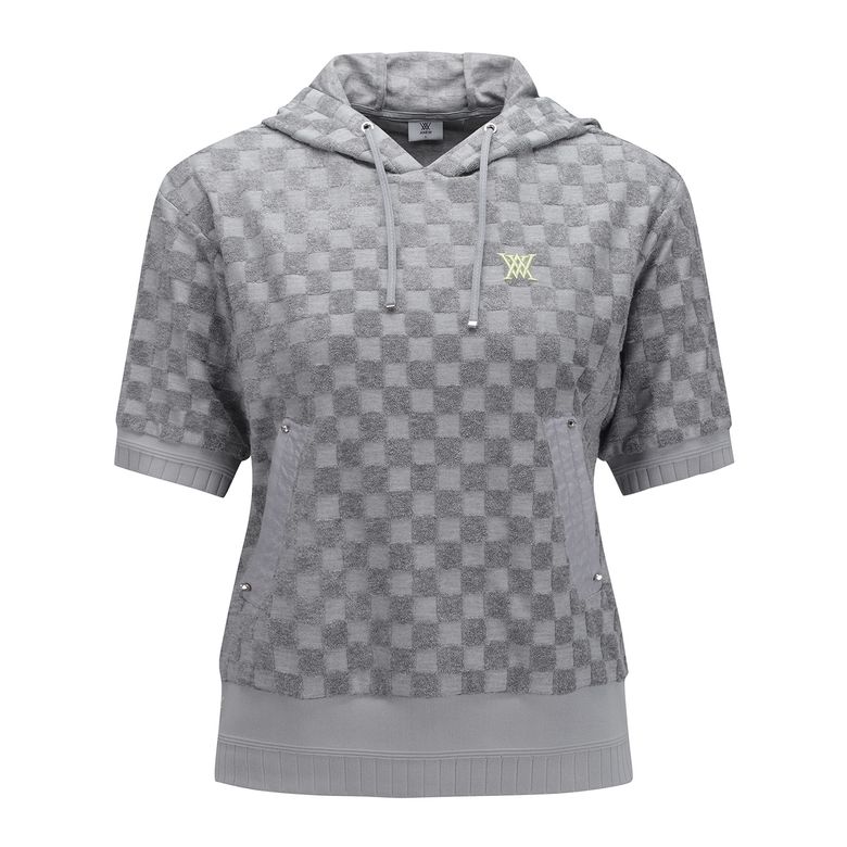 WOMEN TERRY CHECK BOARD HOODIE SHORT T-SHIRT_GR