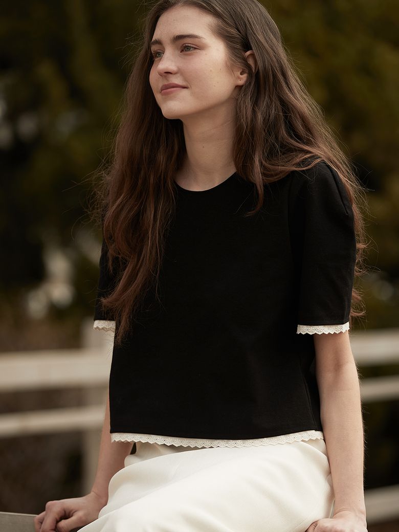 Hem line lace detail top - Black