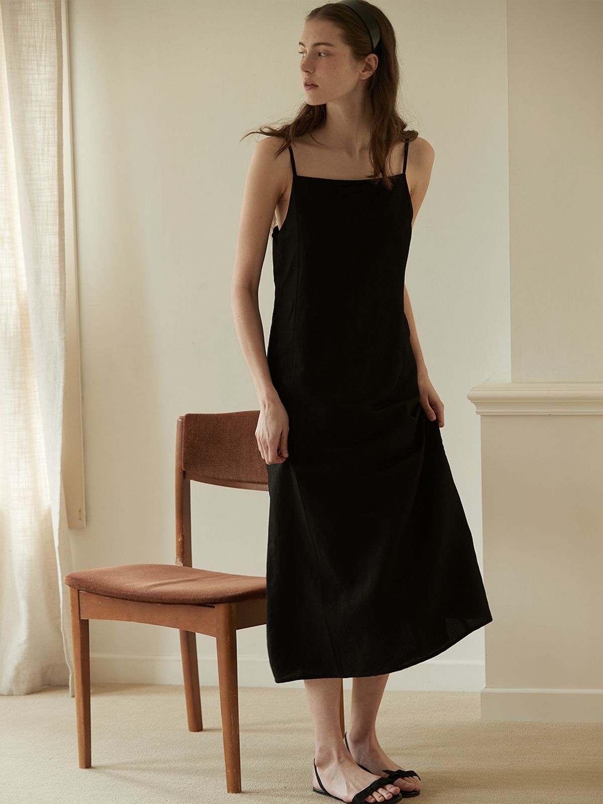 비뮤즈맨션(BEMUSE MANSION) Ribbon point linen dress - Black