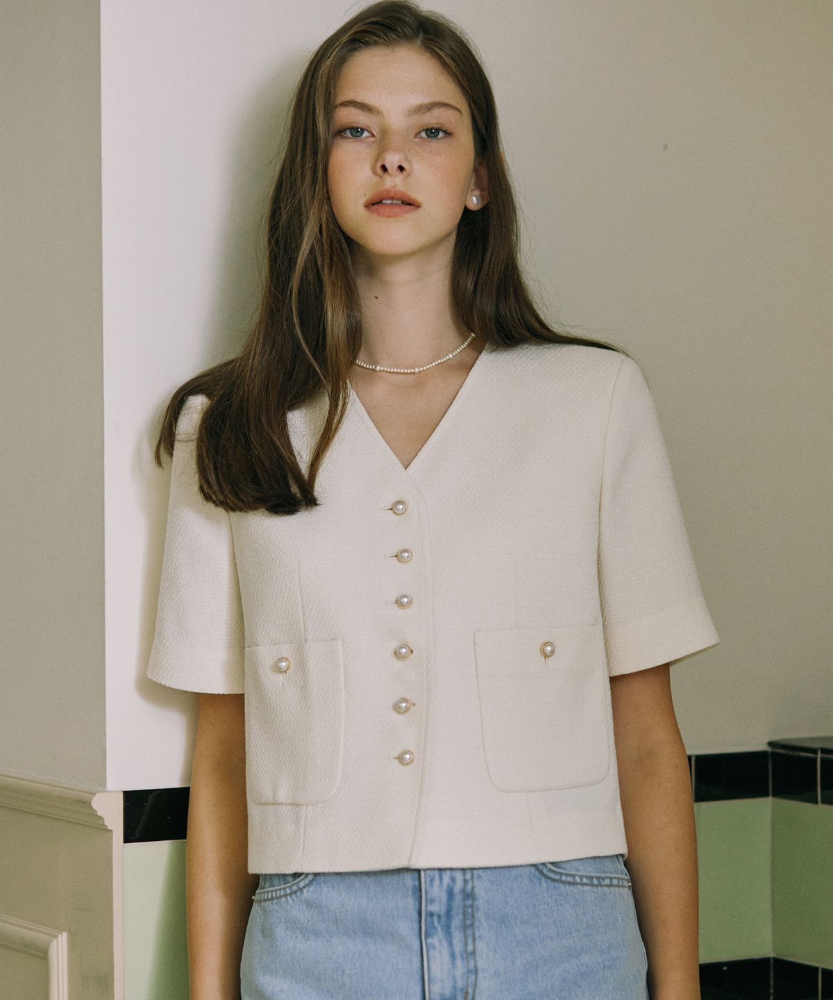 논로컬(NONLOCAL) V-neck Tweed Half Sleeve Jacket - Ivory