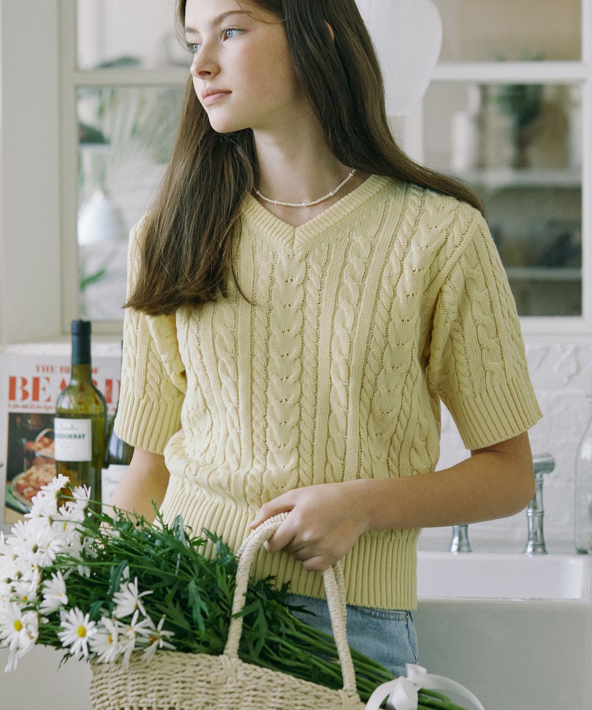 논로컬(NONLOCAL) V-neck Cable Half Sleeve Knit - Butter Yellow