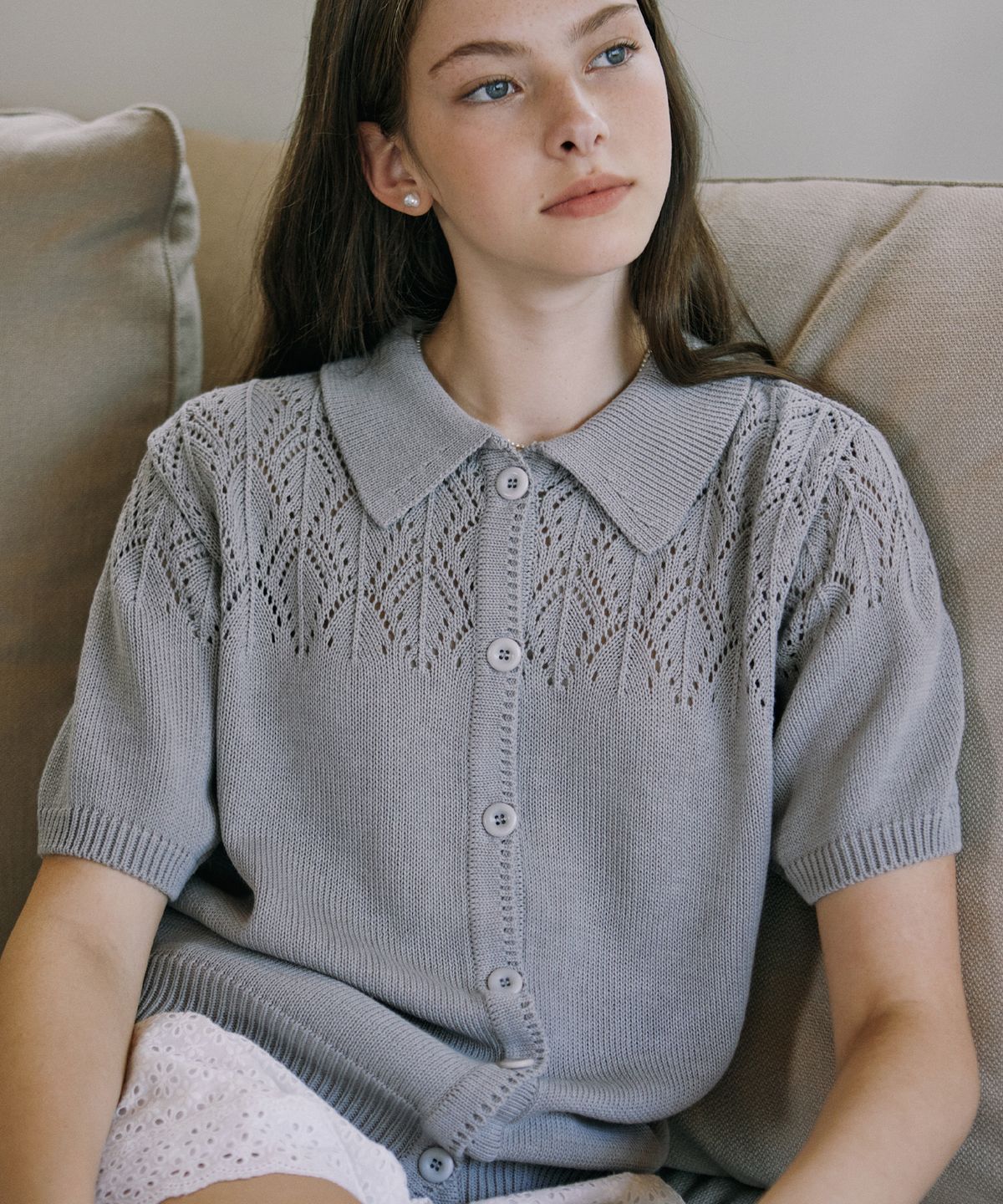 논로컬(NONLOCAL) Crochet Collar Cardigan - Grey