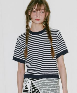 라운드 스트라이프 하프 슬리브 니트 네이비