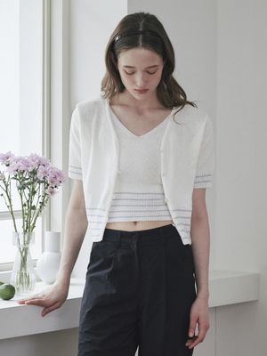 스트라이프 크롭 하프 가디건 아이보리