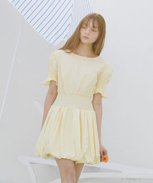 스모킹 퍼프 미디 드레스 레몬