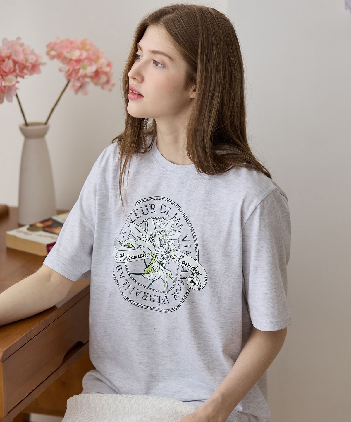 논로컬(NONLOCAL) Lily Print T-shirt - Light Grey