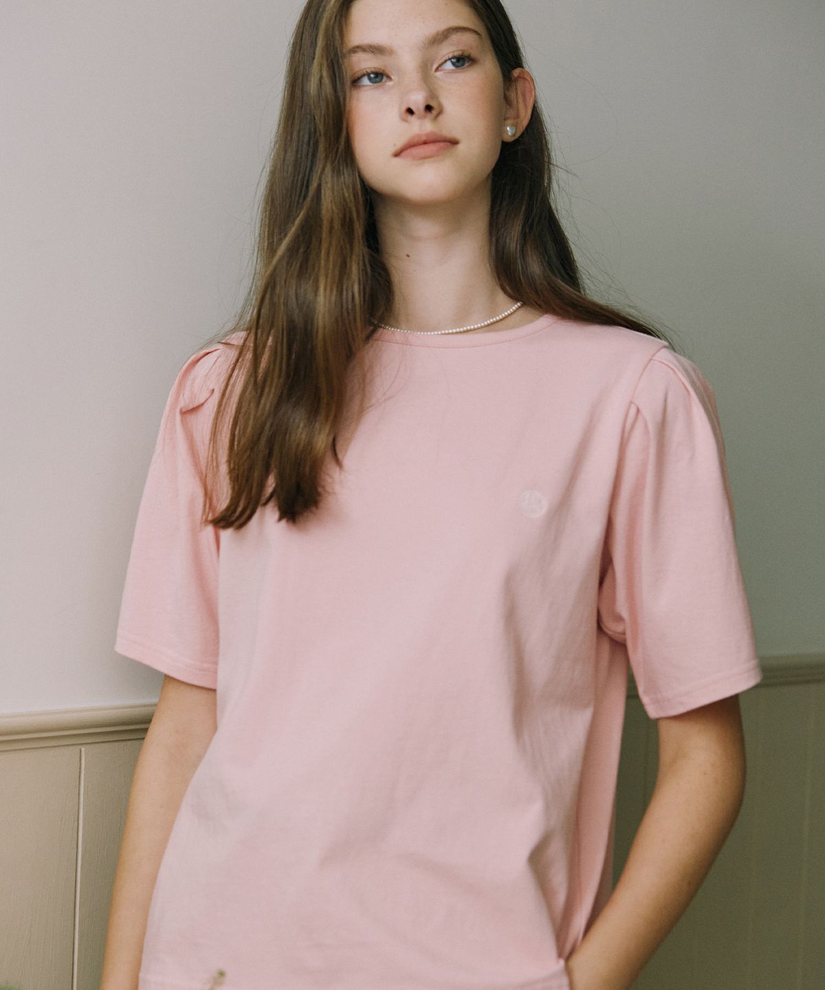 논로컬(NONLOCAL) Volume sleeve Logo T-shirt - Pink