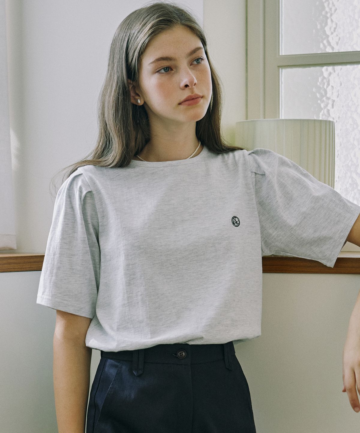 논로컬(NONLOCAL) Volume sleeve Logo T-shirt - Light Grey