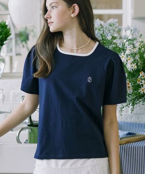 Neckline Puff Sleeve T-shirt - Navy