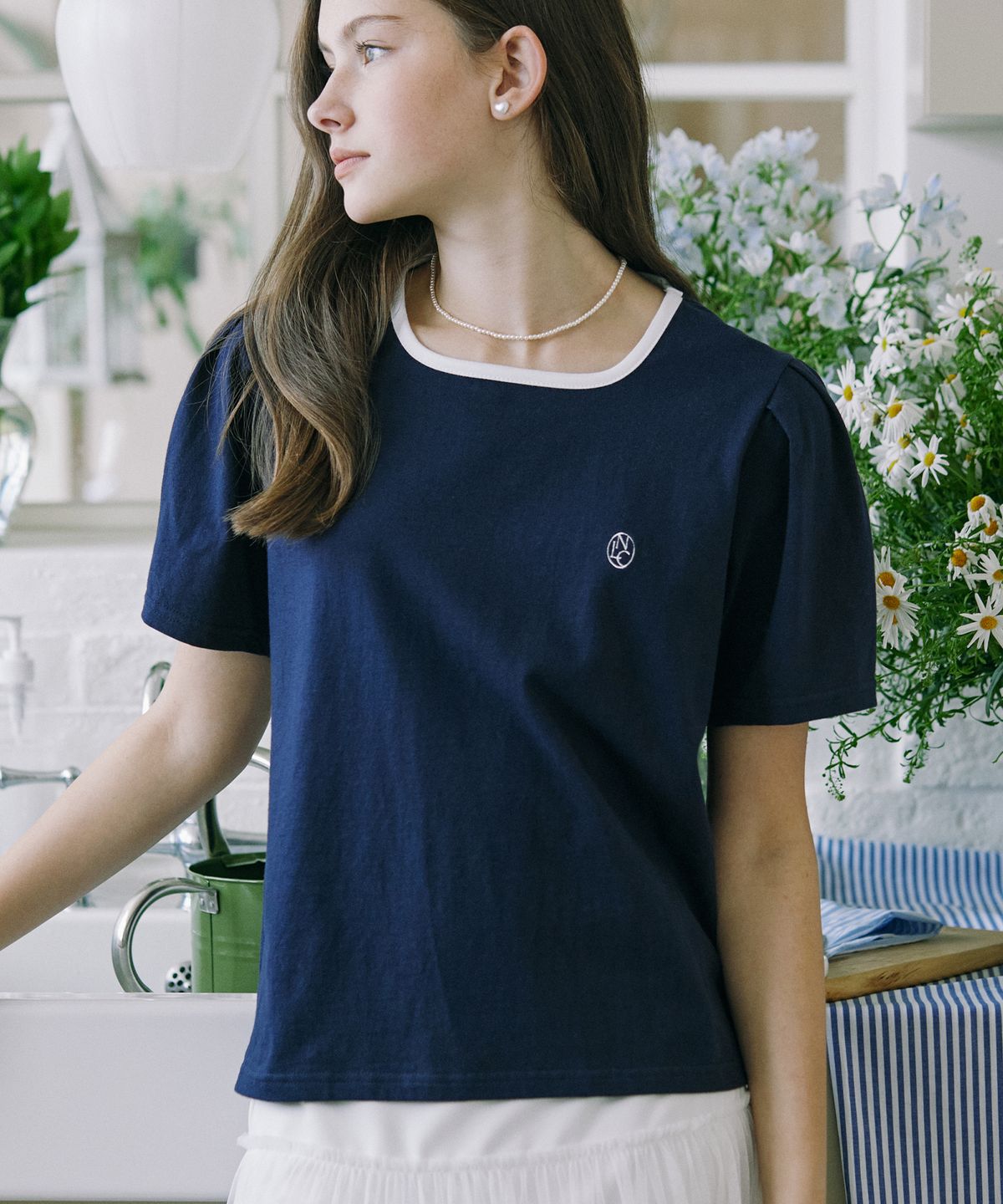 논로컬(NONLOCAL) Neckline Puff Sleeve T-shirt - Navy