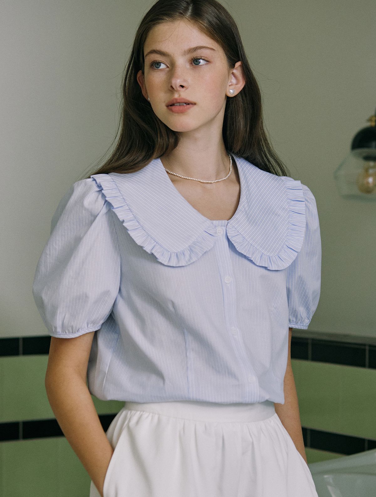 논로컬(NONLOCAL) Ruffle Collar Stripe Blouse - Blue