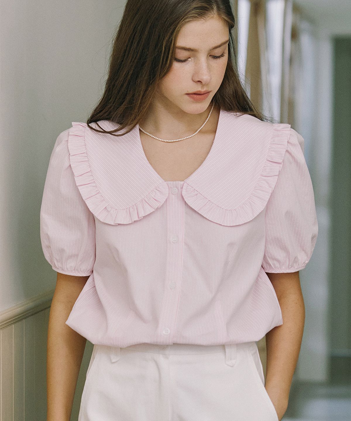 논로컬(NONLOCAL) Ruffle Collar Stripe Blouse - Pink