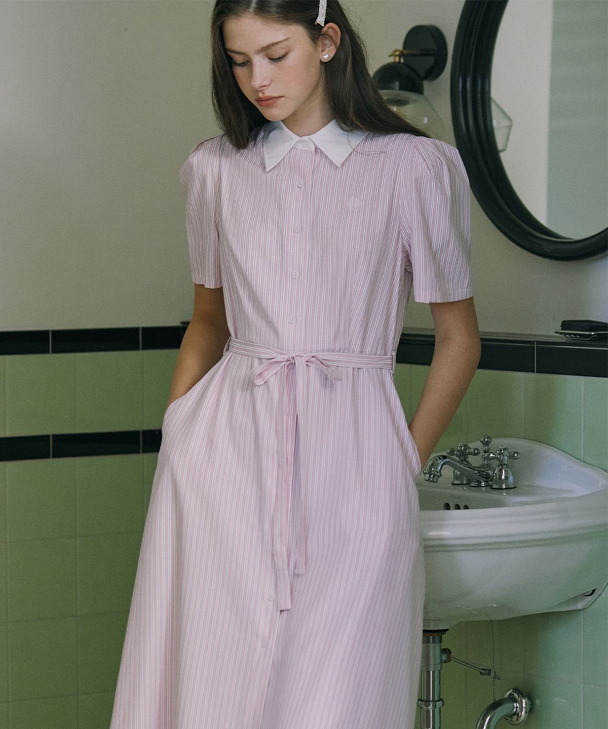 논로컬(NONLOCAL) Puff Stripe Shirt Dress - Pink