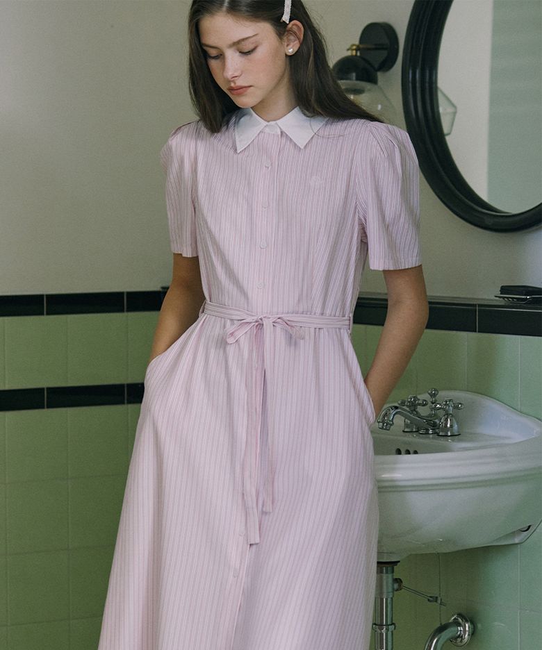 Puff Stripe Shirt Dress - Pink