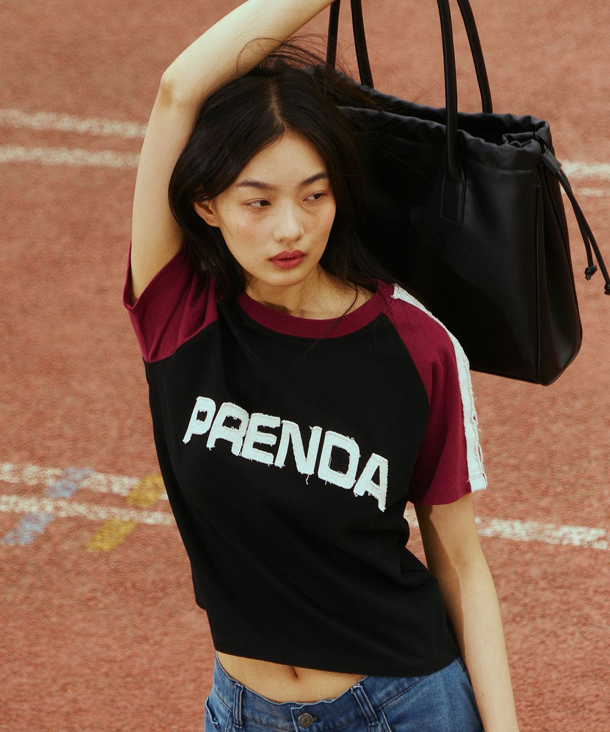 프렌다(PRENDA) TWILL CUT-OFF RAGLAN TEE BURGUNDY BLACK