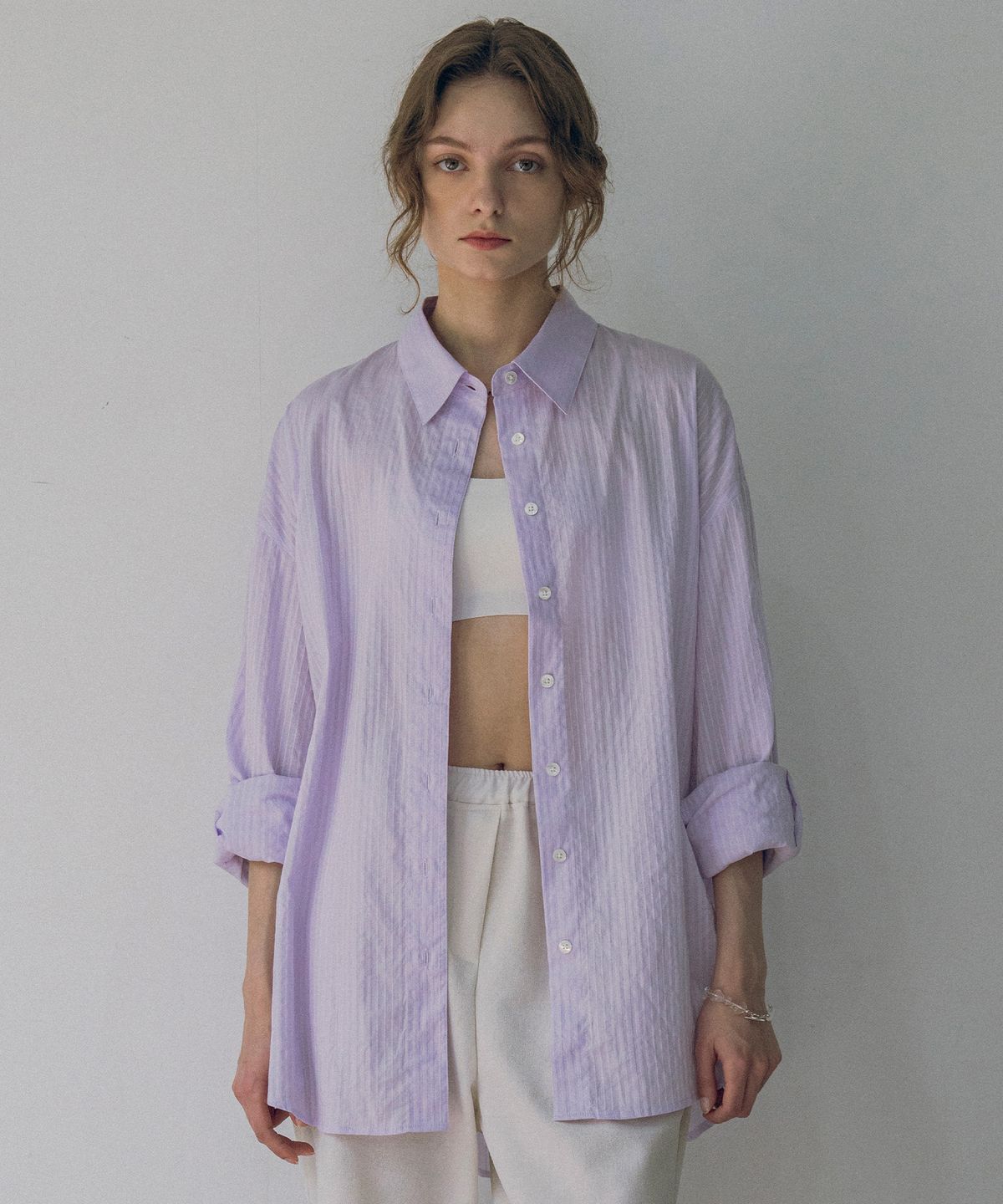 반원 아틀리에(VANONE ATELIER) A3479 시스루 스트라이프 셔츠_Purple