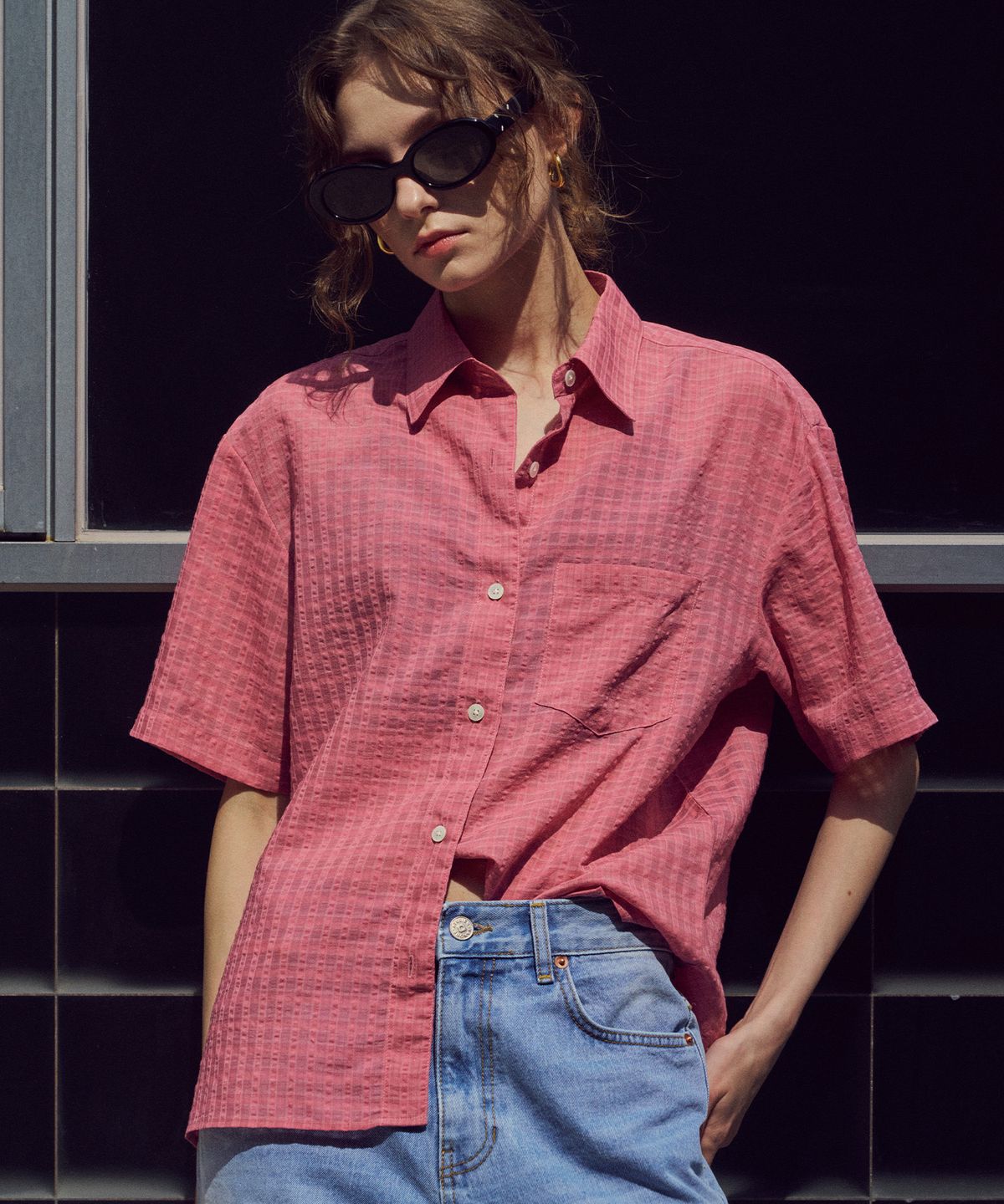 반원 아틀리에(VANONE ATELIER) A3480 시스루 체크 반팔 셔츠_Pink