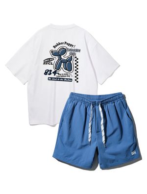 [SET] 러버퍼피 오버핏 반팔티 스트링 포인트 우븐 반바지 셋업