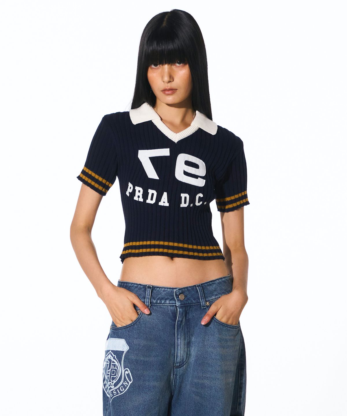 프렌다(PRENDA) COLOR BLOCK COLLAR CROP KNIT NAVY