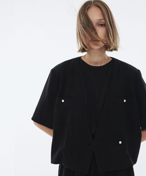 Collarless Linen Summer Jacket (Black)