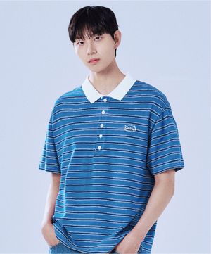 서클 스타로고 스트라이프 폴로 티셔츠_블루