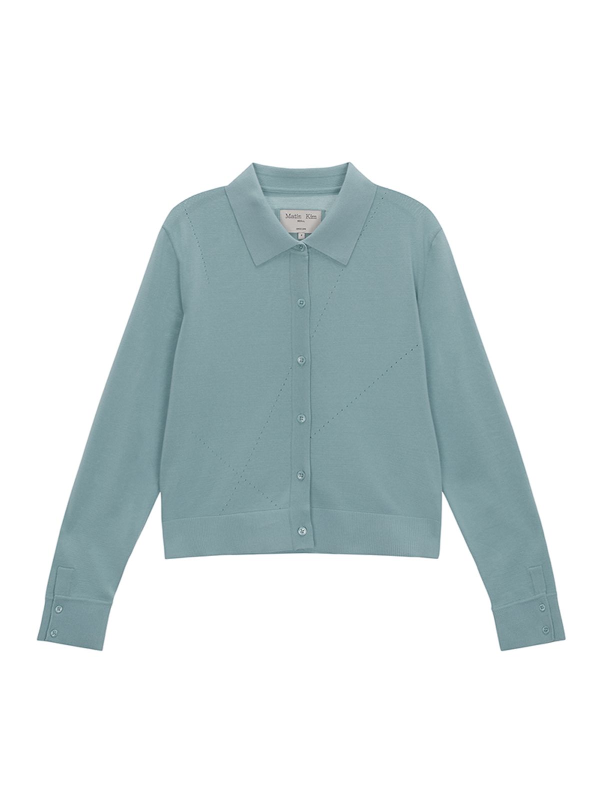 마뗑킴(MATIN KIM) DIAGONAL PUNCHING BUTTON CARDIGAN FOR WOMEN IN MINT