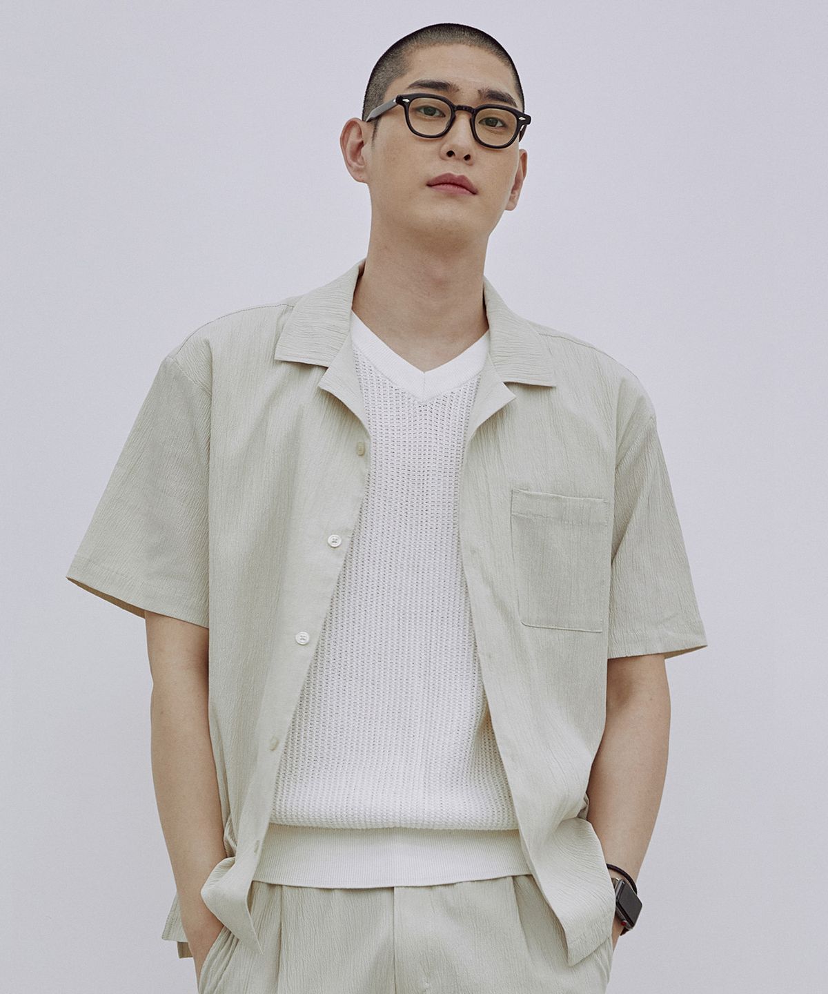 애드호크(ADHOC) 남성 시어서커 오픈 칼라 반팔 셔츠 (LT-BEIGE) (HA5SS13-23)