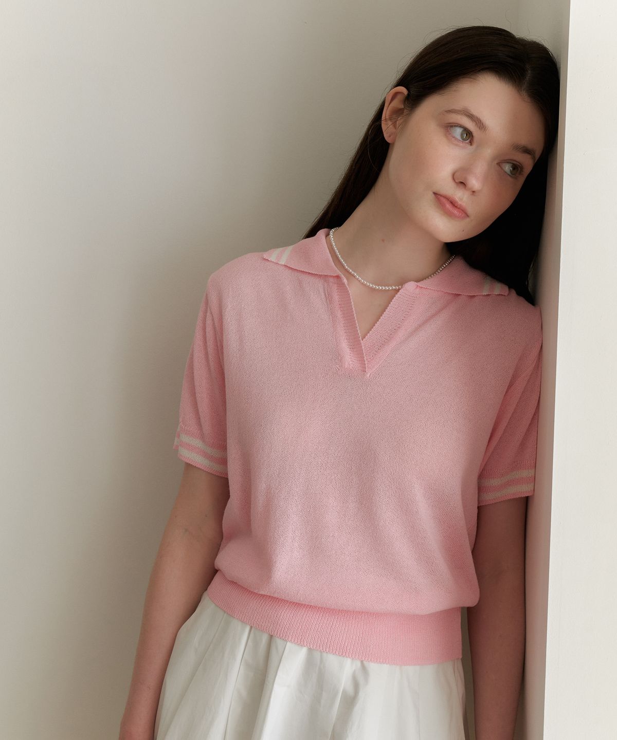 엽페(YUPPE) LINE COLLAR KNIT_PINK