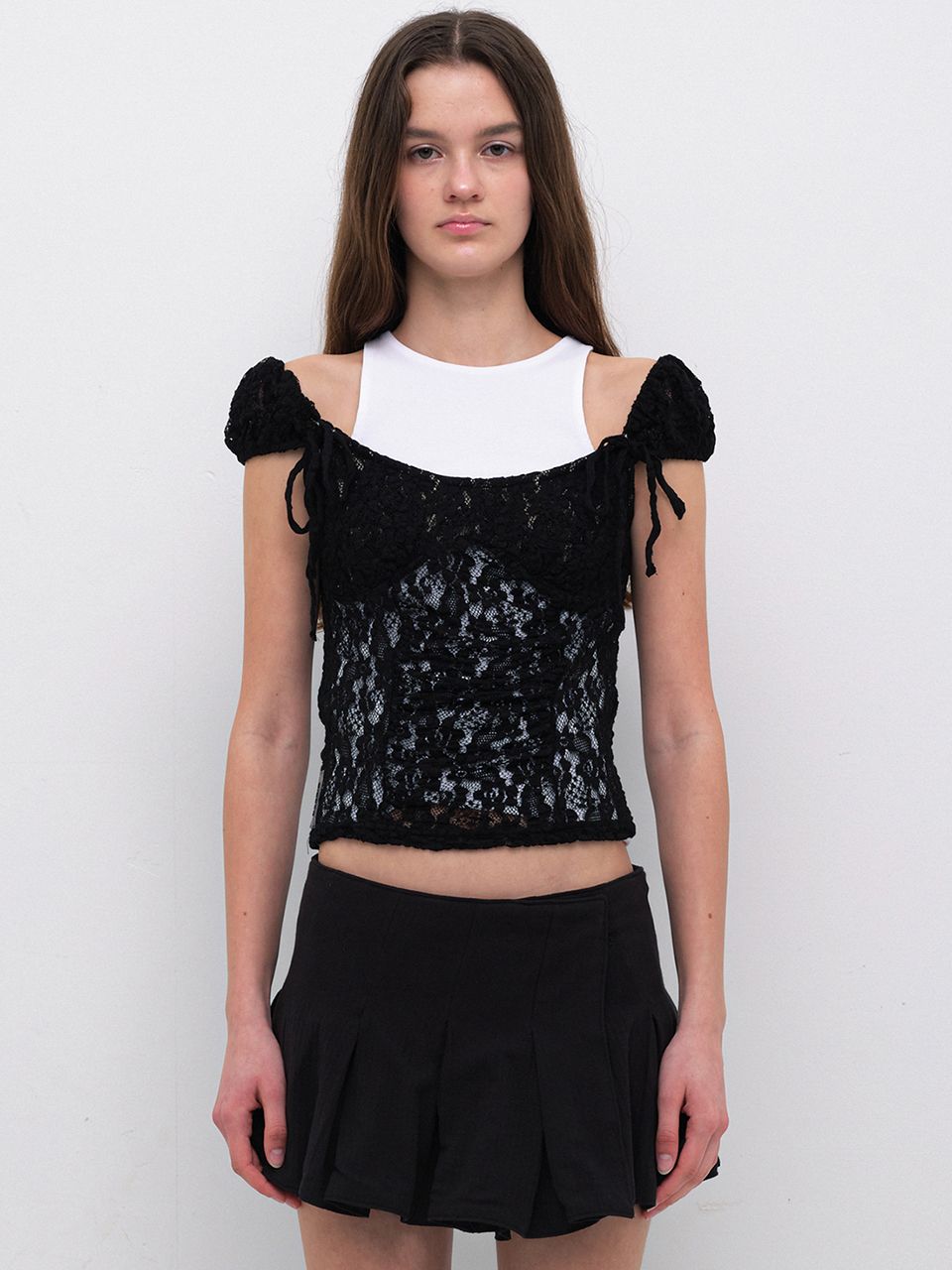 Tシャツ・カットソー CERRIC : 24SS / LACE CREASE SHIRRING HALF TOP (2COLORS) MUSINSA | CERRIC LACE CREASE SHIRRING HALF TOP / BLACK