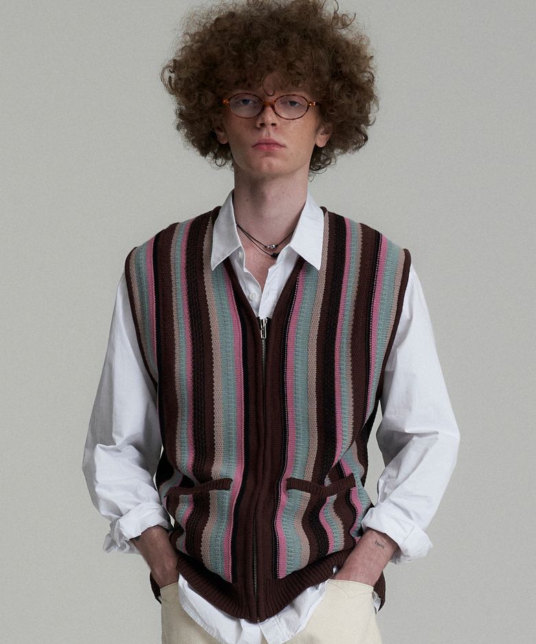 Vertical Stripe Knit Vest - Brown
