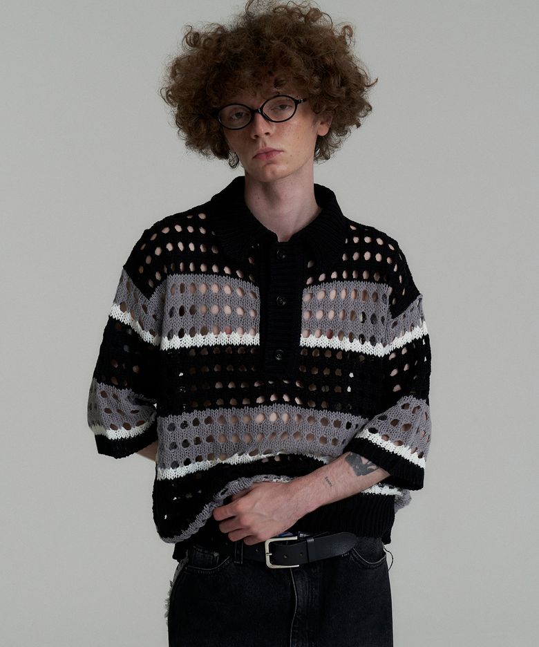 Net Stripe Collar knit - Black