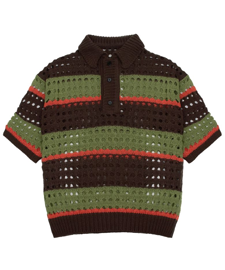 Net Stripe Collar knit - Brown