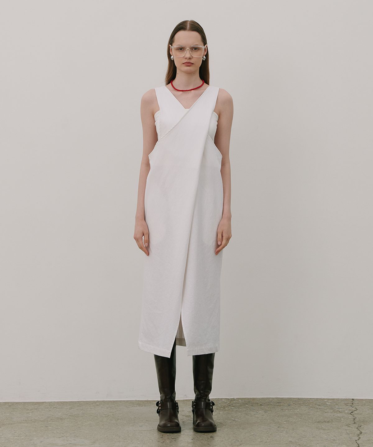 320쇼룸(320SHOWROOM) Two-Way Wrap Sleeveless Long Linen Dress White