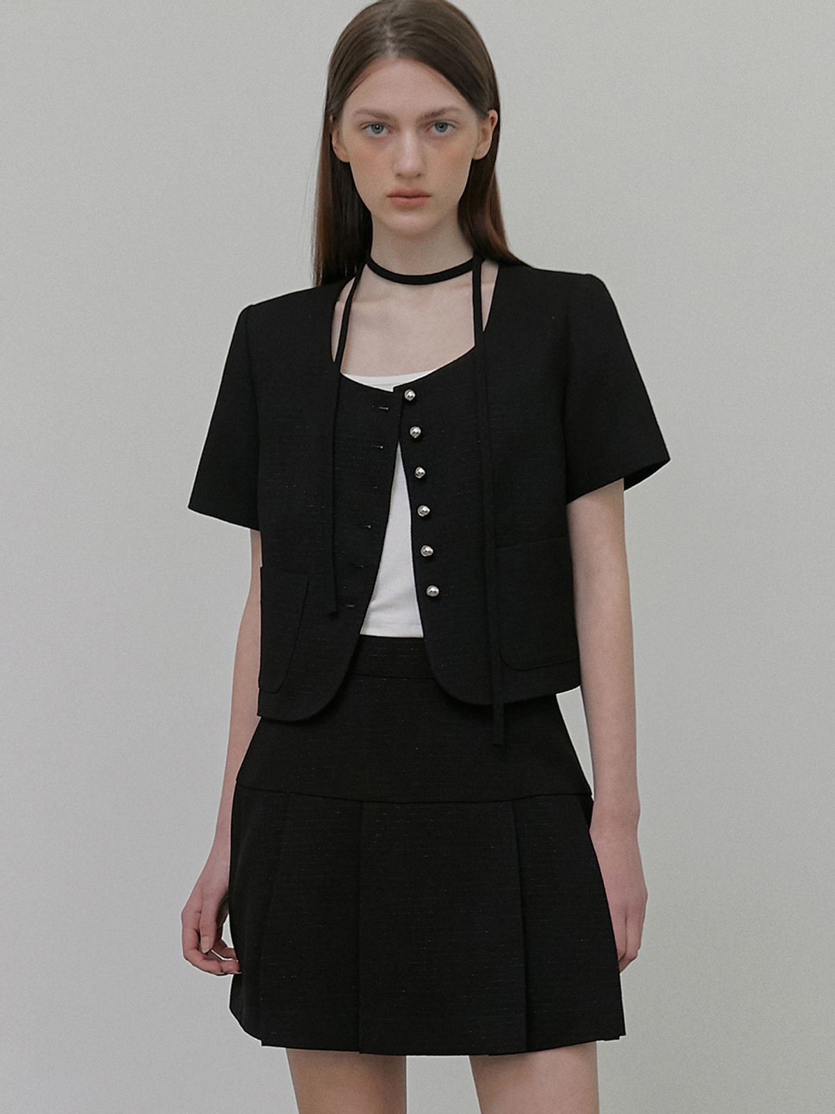 에트몽(ETMON) Button Strap Tweed Jacket Black