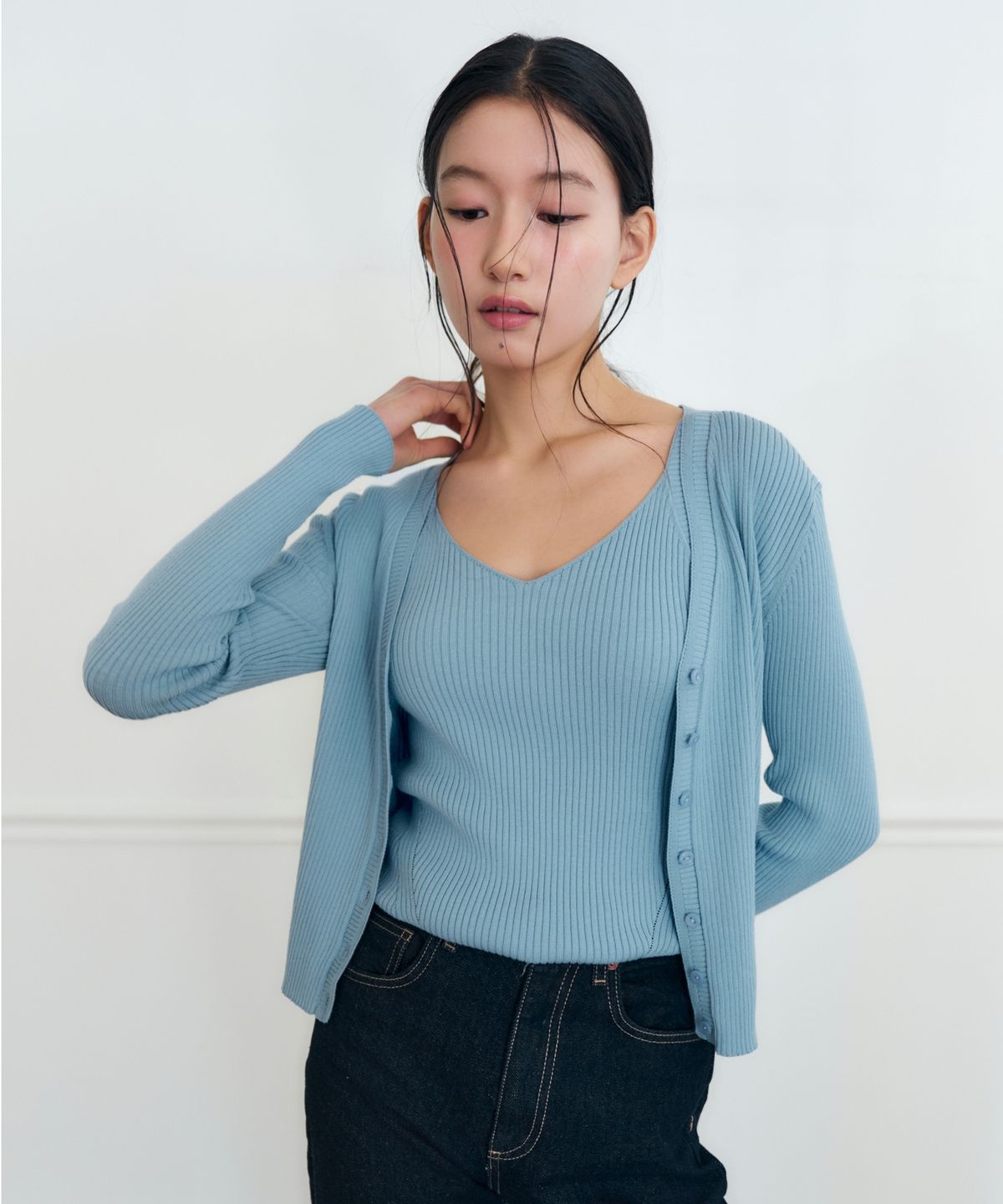 니주르(KNIZURE) 립브 앙상블 브이넥 가디건 SET_3COLOR