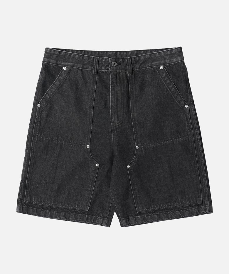 WASHED DENIM DOUBLE KNEE SHORTS _ WASHED BLACK