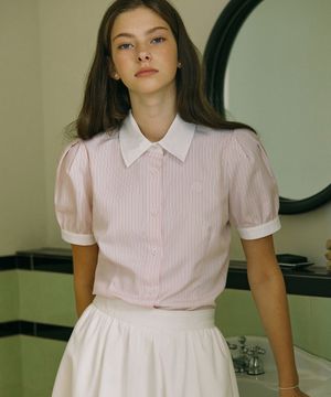 Puff Half Sleeve Stripe Shirt - Pink