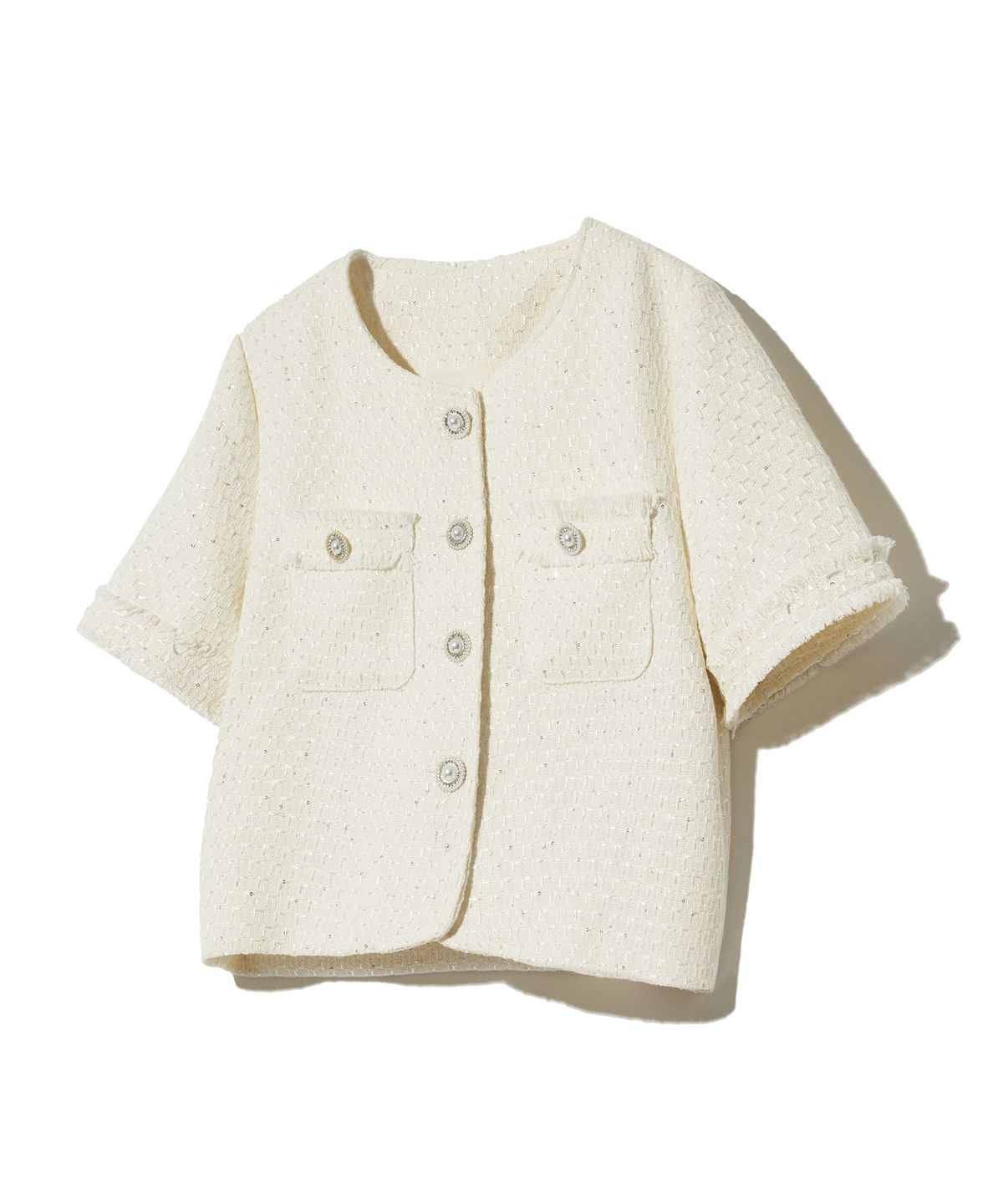 비바브라운(VIVABROWN) 85-VIVAJ054 포켓 프린지 크롭 트위드 하프 자켓 화이트