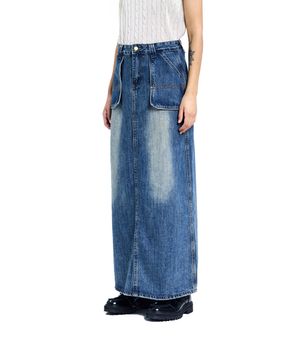 85-VIVAJ071 노멀 워싱 플라켓 롱 데님 스커트 인디고