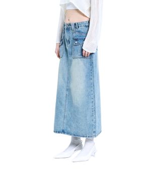 85-VIVAJ074 노멀 워싱 더블 포켓 롱 데님 스커트 빈티지 블루