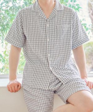시어서커 남성용 체크 반팔 잠옷 세트