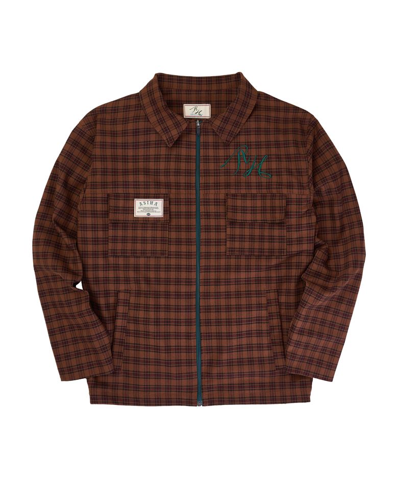 AH24 01JKBR GREEN LOGO CHECK JACKET 아시하 그린로고 체크자켓 BROWN